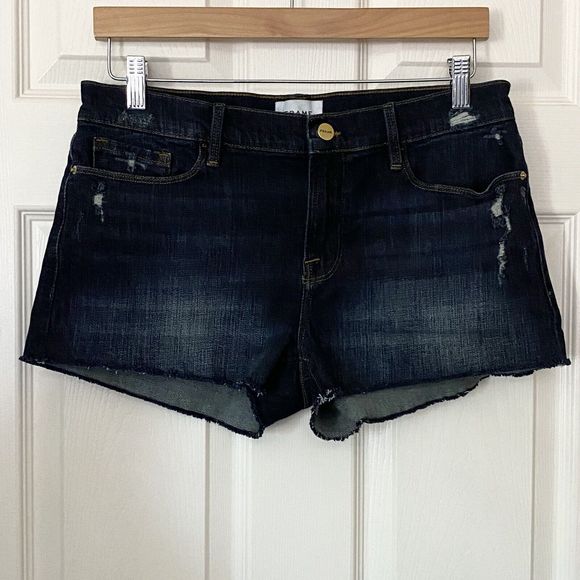 Frame Womens Size 29 Le Cutoff Frayed Hem Distressed Blue Denim Shorts Dark Wash - Picture 1 of 14